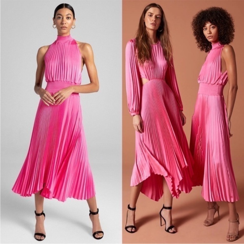 NWT A.L.C Dress Renzo Midi Pleated High Neck in Satin Grapefruit Hot Pink